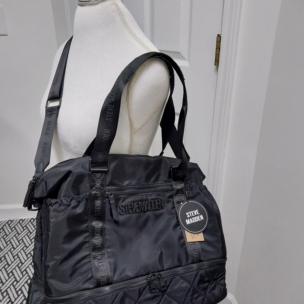 Steve Madden Black Quilted Nylon Duffel Tote